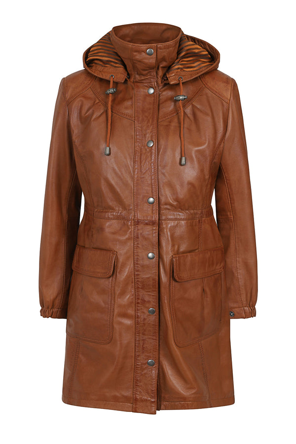 Tan leather ¾ length duffle coat with detachable fur and drawstring by LLD Original