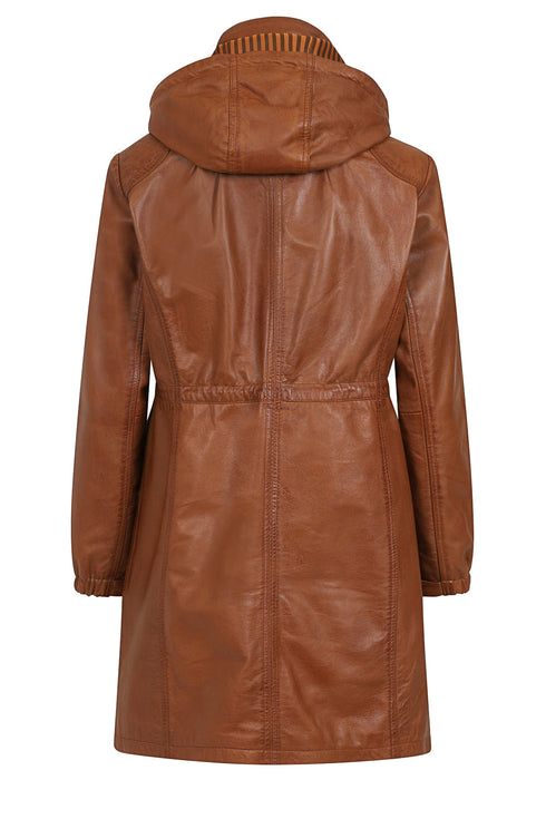 Women's tan leather duffle coat with detachable fur and drawstring, by LLD Original, hip length, available in sizes 8-12