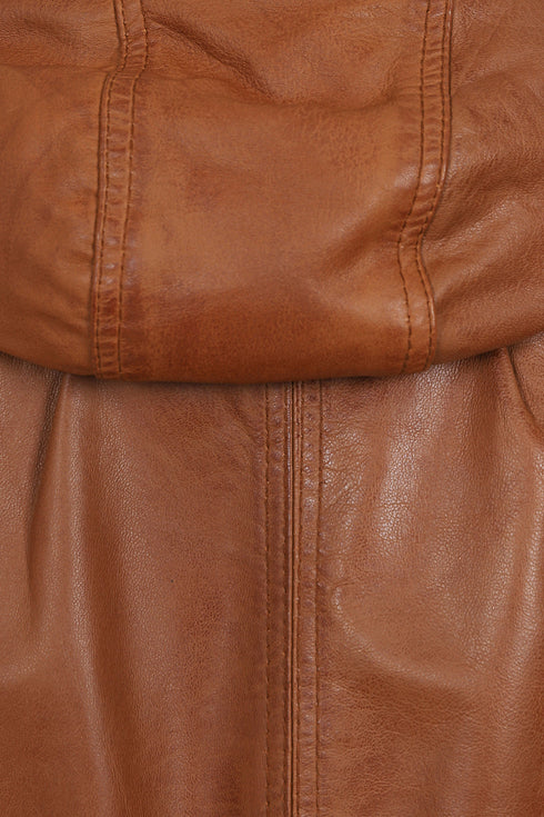Tan leather ¾ length duffle coat with detachable fur, drawstring, and hip length by LLD Original