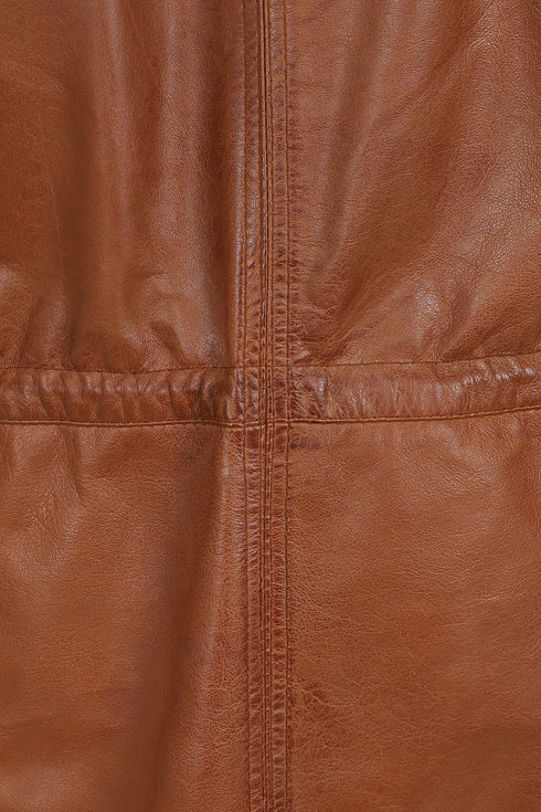 Tan leather ¾ length duffle coat with detachable fur, drawstring, by LLD Original