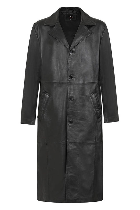 Men's Black Long Classic Genuine Leather Coat - BUDDY - London Leathers Direct