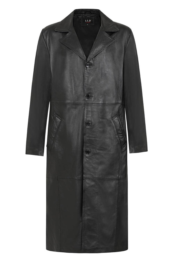 Men's Black Long Classic Genuine Leather Coat - BUDDY - London Leathers Direct