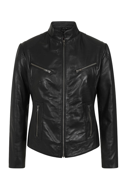 Black lamb nappa leather biker jacket for women by LLD Original in classic style, available in sizes 8, 10, and 12.