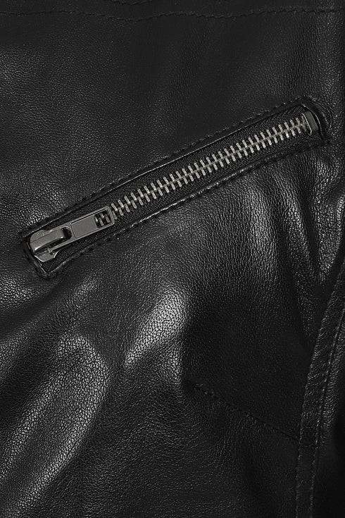 LLD Original women's black leather biker jacket in lamb nappa with classic biker style and zippered pockets