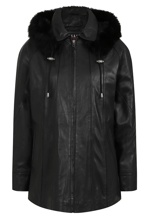 Black leather hip-length coat with fur-trimmed detachable hood by LLD Original, featuring drawstring and duffle style.