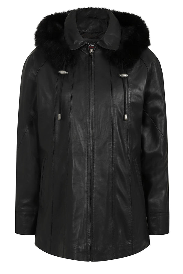 Black leather hip-length coat with fur-trimmed detachable hood by LLD Original, featuring drawstring and duffle style.