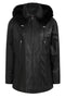 Black leather hip-length coat with fur-trimmed detachable hood by LLD Original, featuring drawstring and duffle style.