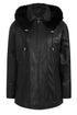 Black leather hip-length coat with fur-trimmed detachable hood by LLD Original, featuring drawstring and duffle style.