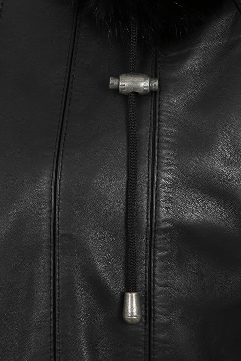 Women's black leather coat with fur-trimmed detachable hood and drawstring, by LLD Original