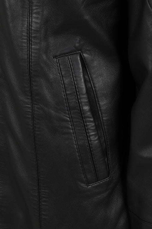 Women's black leather hip length coat with detachable fur hood and drawstring, by LLD Original