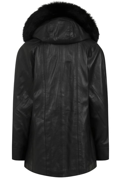 Black leather hip-length coat with detachable fur hood, drawstring detail, by LLD Original, available in multiple sizes.