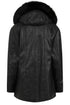 Black leather hip-length coat with detachable fur hood, drawstring detail, by LLD Original, available in multiple sizes.