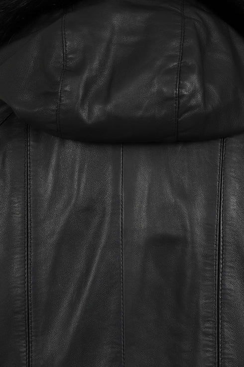 Women's black leather hip-length coat with detachable fur hood by LLD Original, featuring a drawstring and duffle style.