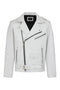 White genuine calf leather biker jacket by LLD Original, featuring a classic design and belt detail.