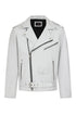 White genuine calf leather biker jacket by LLD Original, featuring a classic design and belt detail.