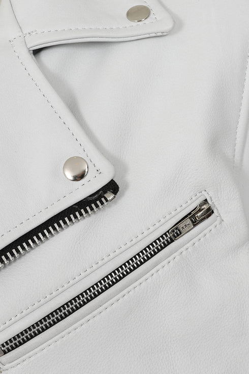 White calf leather biker jacket by LLD Original, classic style with belt, available in sizes S to 4XL