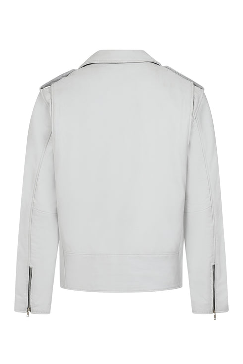 White genuine calf leather classic biker jacket with belt, LLD Original brand, available in multiple sizes.