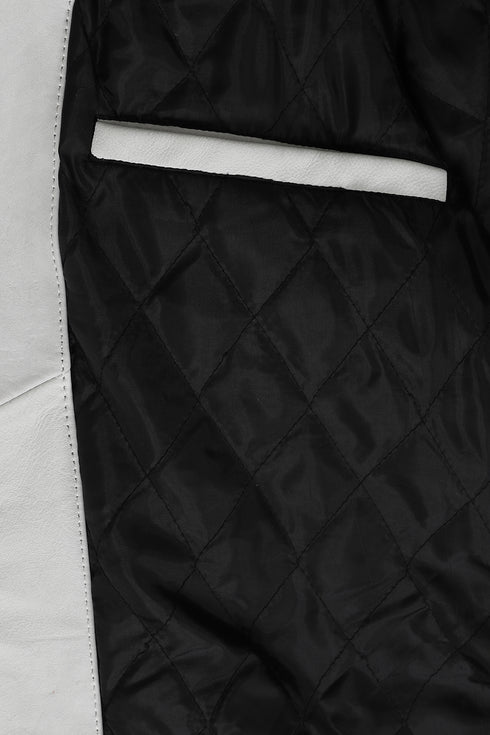 White genuine calf leather biker jacket with classic design, LLD Original brand, featuring a belt and 27-inch length.