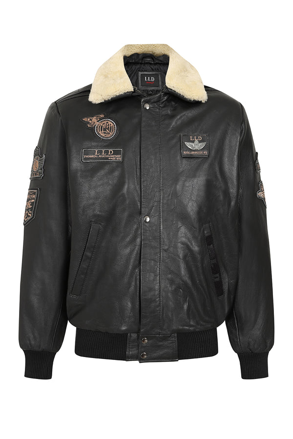 LLD Original black cowhide pilot leather jacket with fur collar, available in sizes 2XL, 3XL, and 4XL