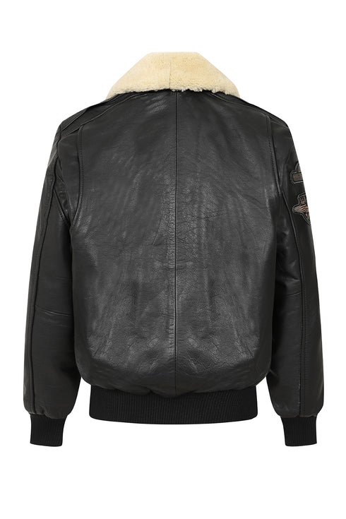 Men's Genuine Cowhide Pilot Leather Jacket - Black with Fur Collar