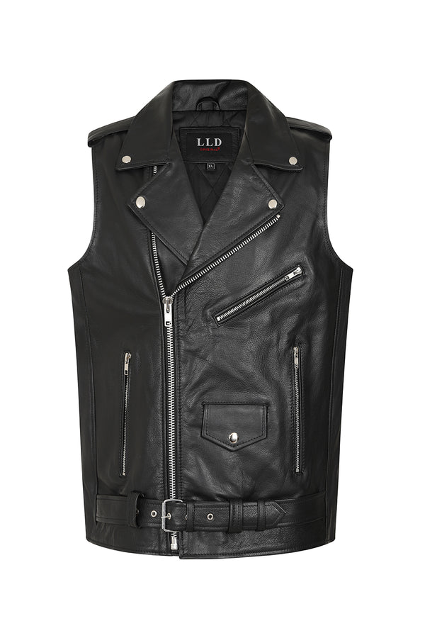 Black genuine calf leather sleeveless biker vest from LLD Original, featuring a classic design and belt detail.