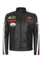 LLD Original black genuine leather racing jacket with red and white stripes for women, available in sizes 8-12.