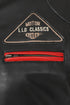 Women's black genuine leather racing jacket with red and white stripes, LLD Original brand