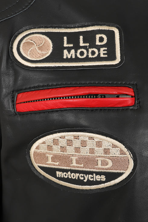 LLD Original women's black leather racing jacket with red and white stripes, available in sizes 8, 10, 12, and 14.