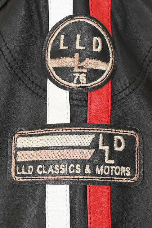 LLD Original women's black leather racing jacket with red and white stripes, available in sizes 8, 10, 12, and 14.