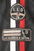 LLD Original women's black leather racing jacket with red and white stripes, available in sizes 8, 10, 12, and 14.
