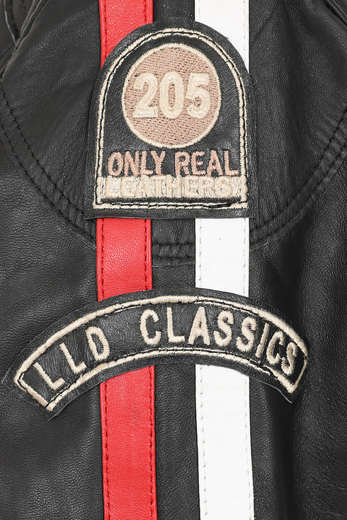 FRANCIS women's black genuine leather racing jacket with red and white stripes, available in sizes 8 to 16.