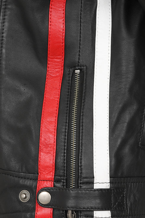 FRANCIS Women's Genuine Leather Racing Jacket - Black Red White Stripes