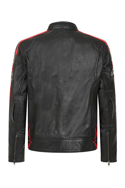 Black genuine leather racing jacket with red and white stripes for women by LLD Original