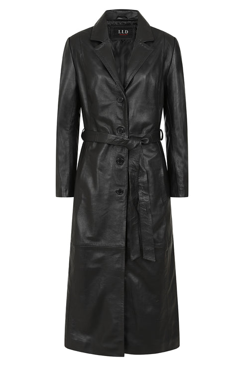 Women's black genuine leather long coat 'LOLA' by LLD Original, available in sizes 8 to 18