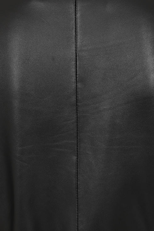 Classic black genuine leather long coat for women by LLD Original, available in sizes 8-18.