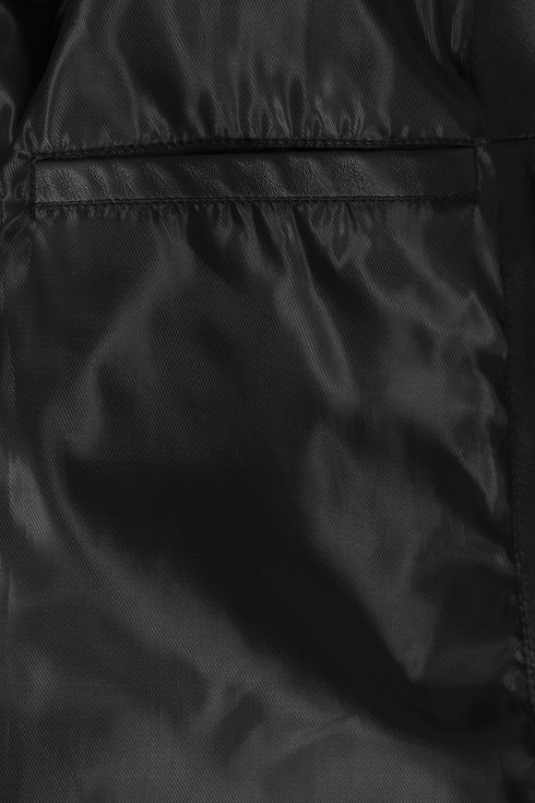 Black long leather coat for women by LLD Original, featuring a classic design and available in sizes 8-18.