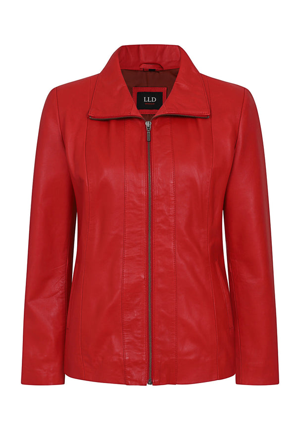 Women's red nappa leather biker jacket with collar, hip length, by LLD Original, available in sizes 8, 10, 12.