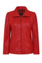Women's red nappa leather biker jacket with collar, hip length, by LLD Original, available in sizes 8, 10, 12.