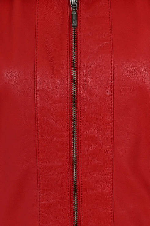 Women's classic red nappa leather biker jacket with collar and hip length design, by LLD Original