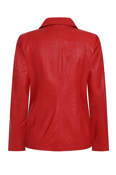 Women's red nappa leather biker jacket with collar, hip length, by LLD Original, size available 8, 10, 12.