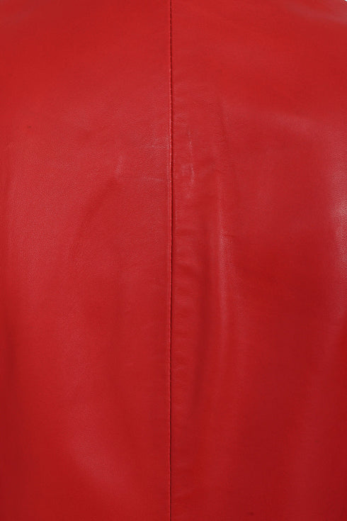 Women's classic red nappa leather biker jacket with collar, hip length, by LLD Original.