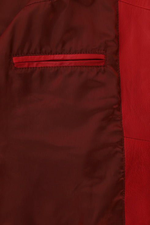 Women's red nappa leather biker jacket by LLD Original, featuring a classic collar and hip-length design.