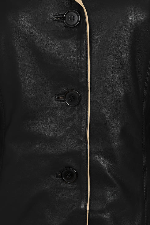 Black genuine nappa leather blazer with button front and collar, by LLD Original, available in sizes 8, 10, and 12.