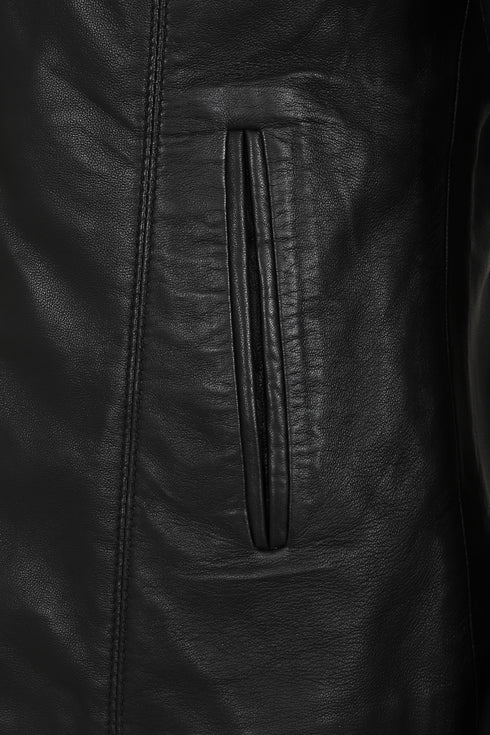 LLD Original black genuine nappa leather jacket with classic button front and collar, available in sizes 8, 10, 12.