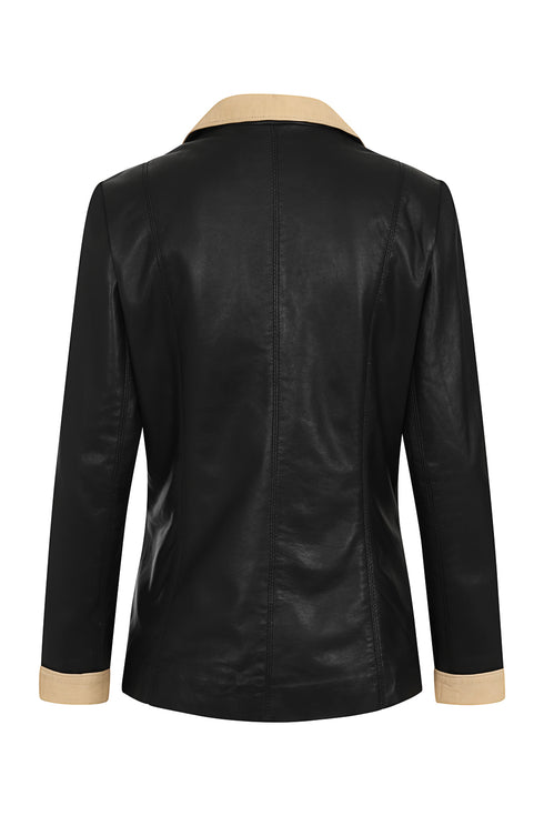 LLD Original women's black genuine nappa leather blazer with classic button front and collar, available in sizes 8, 10, 12.