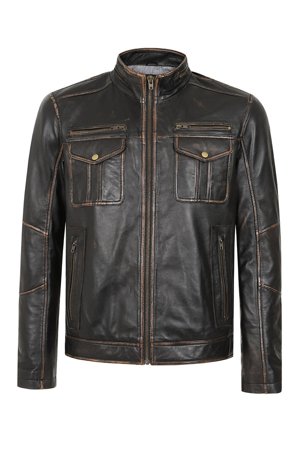 Classic brown genuine Nappa leather jacket for men by LLD Original, featuring a stylish three-quarter length design.