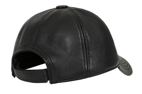 Premium black leather baseball cap with curved peak by LLD Original, featuring adjustable strap