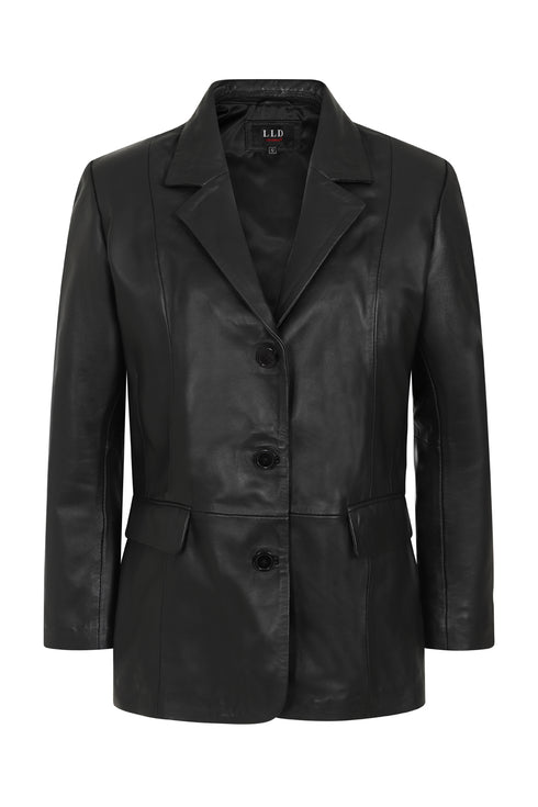 Women's black luxury Nappa leather blazer jacket, hip length, by LLD Original, available in sizes 8 to 18.