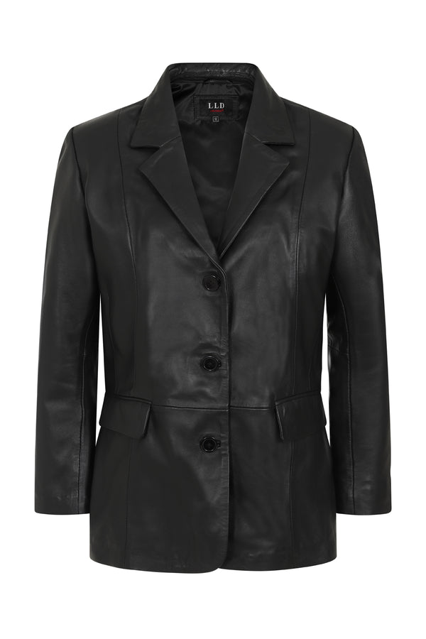 Women's black luxury Nappa leather blazer jacket, hip length, by LLD Original, available in sizes 8 to 18.