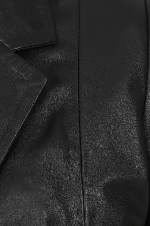 Women's black luxury Nappa leather blazer jacket by LLD Original, hip length with tailored fit, available in multiple sizes.
